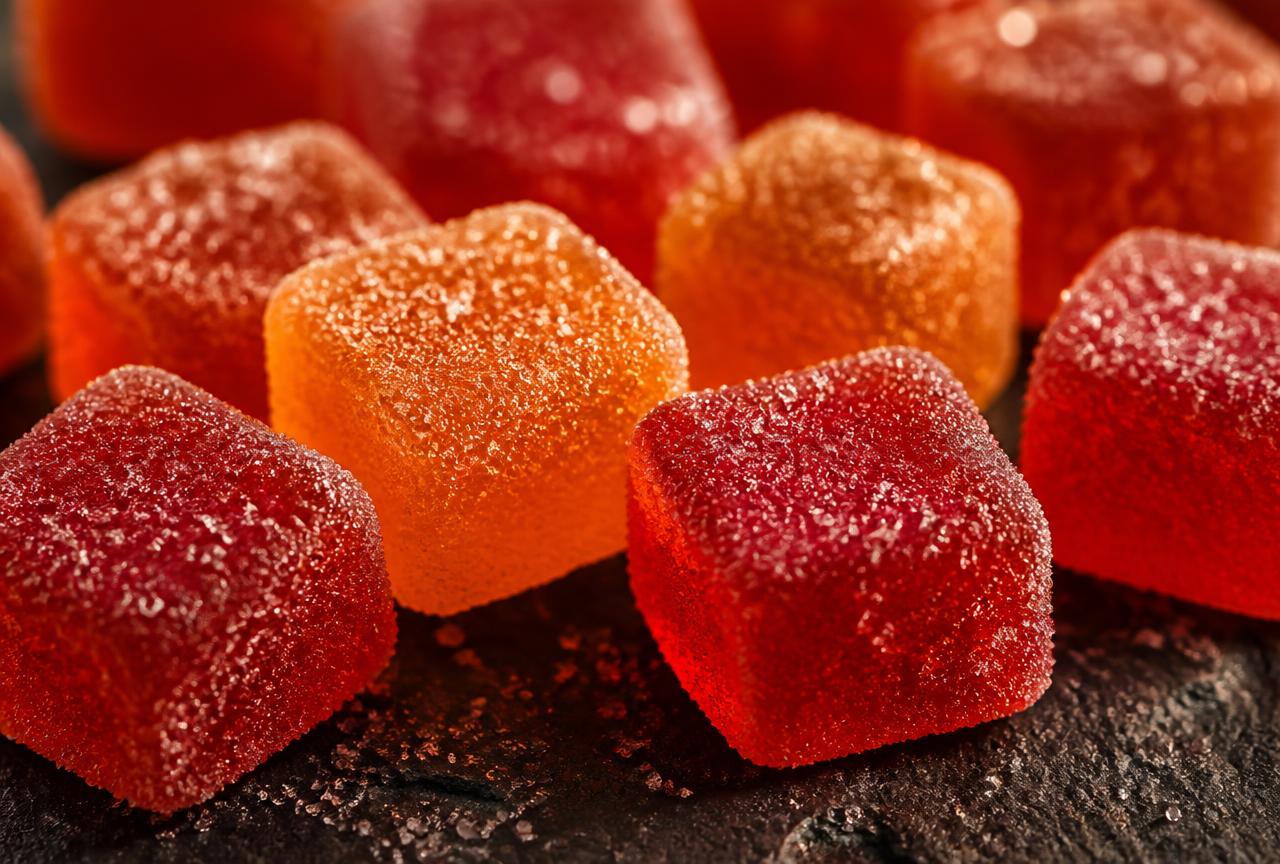 Close-up of red and orange Fitwell male enhancement gummies on a dark slate surface