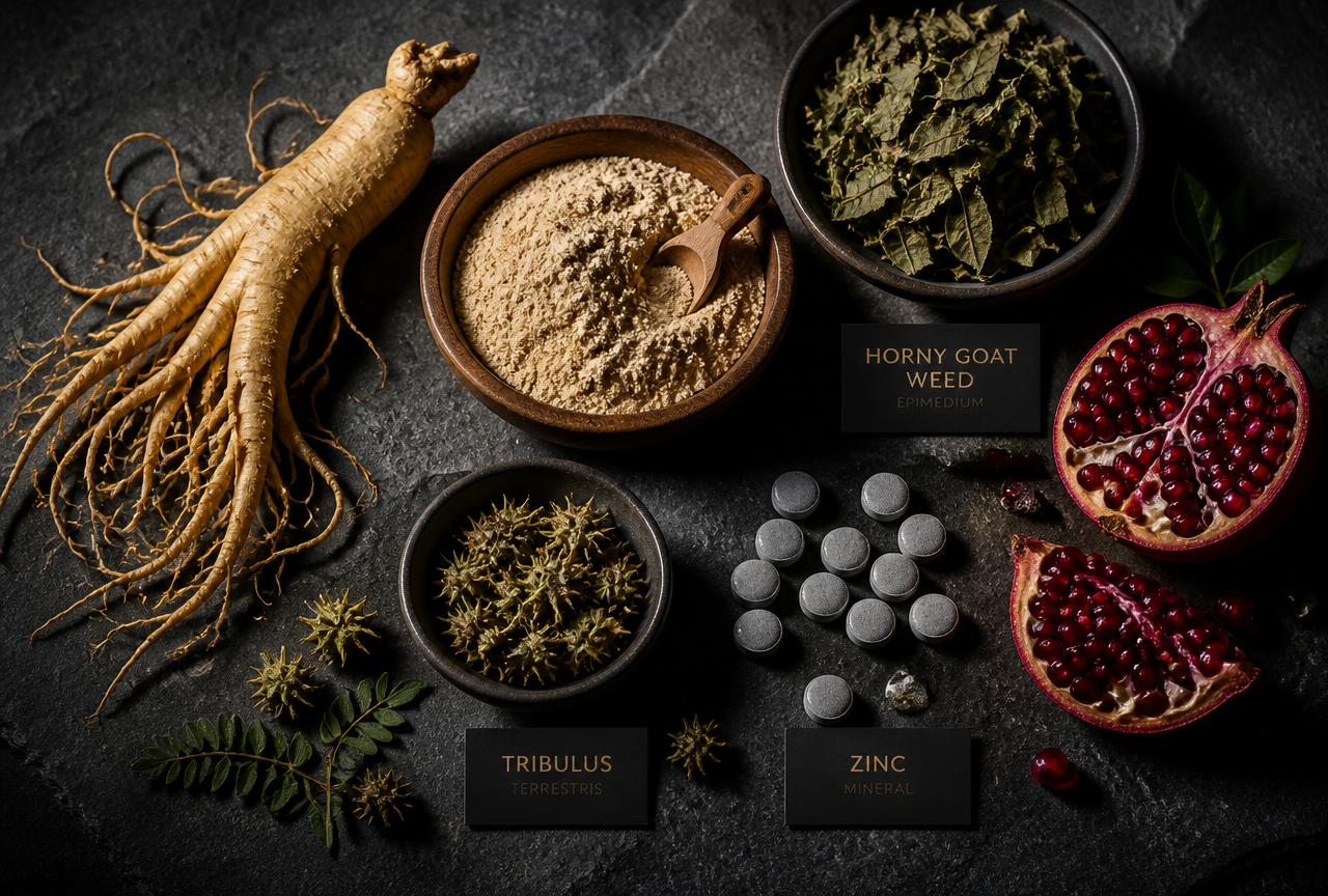Ginseng root, maca powder, horny goat weed, tribulus, zinc and pomegranate laid out on dark stone