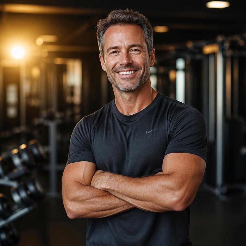 Confident man in his forties smiling in a gym after training